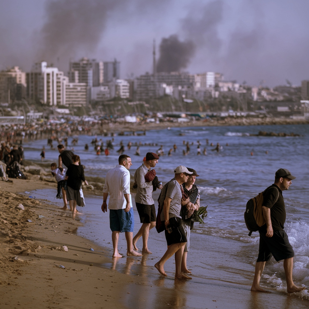 Keluarga-keluarga melarikan diri ke pesisir laut Beirut untuk menghindari serangan Israel yang mengh